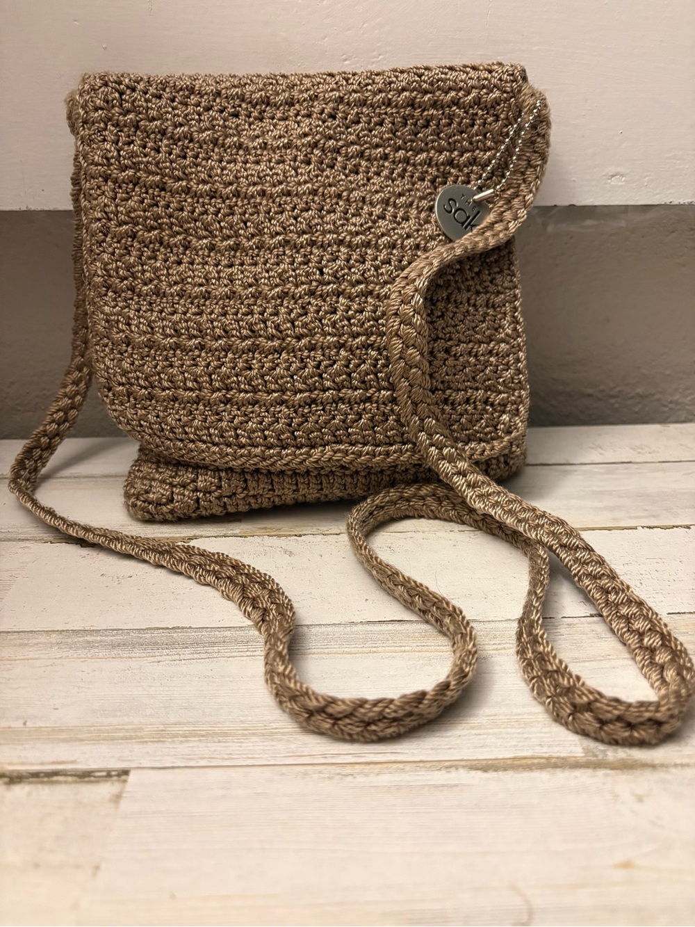 SAK Hand Crochet Flap Crossbody Bag Tan Beige Boho Like New